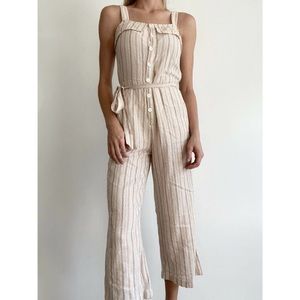 Grade & Gather Button Front Jumpsuit Belted Waist Striped Ruffle Cotton/Linen S
